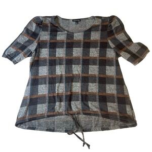 Olivia Blu Plaid Shirt Womens Size L Gray Black Teal Drawstring Hem 3/4 Sleeve T